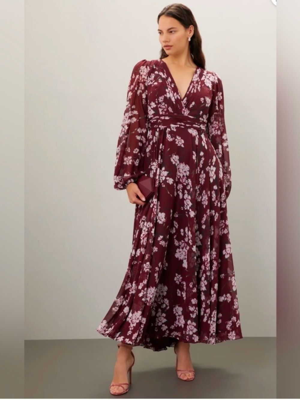 Mac Duggal Burgundy Floral Wrap Maxi Dress